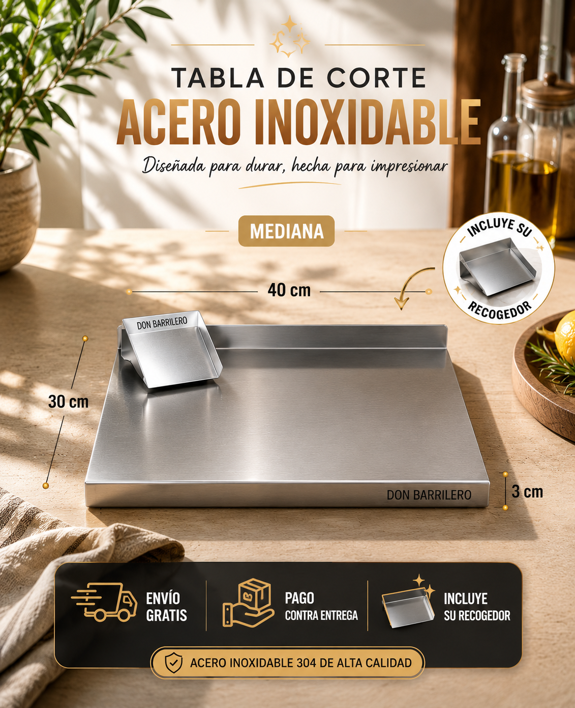 TABLA ACERO 304 PARA COCINA + RECOGEDOR OBSEQUIO 🎁